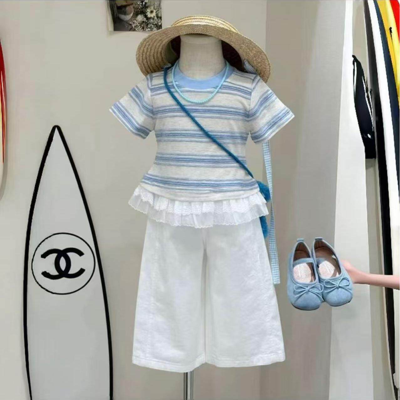 女童套装夏装韩系新款儿童蓝色条纹拼接上衣白色直筒裤两件套