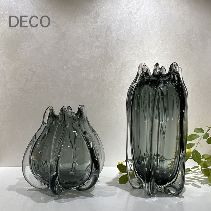 玻璃水培容器透明插花软装摆件样板间餐桌装饰抽象灰色质感厚花瓶
