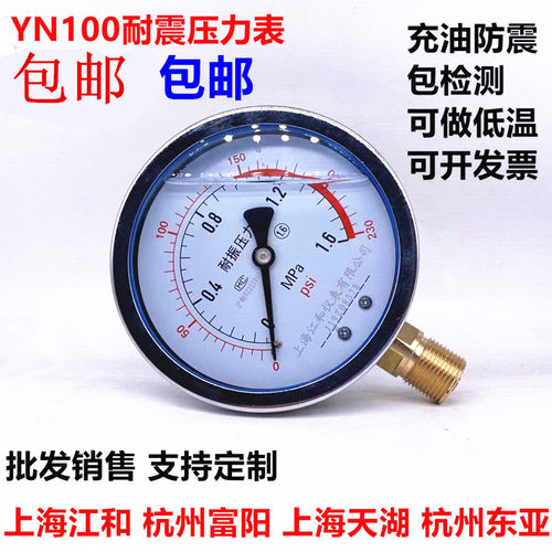YN100耐震压力表冲油压表 杭州富阳 上海天湖抗振1.6mpa 不锈钢