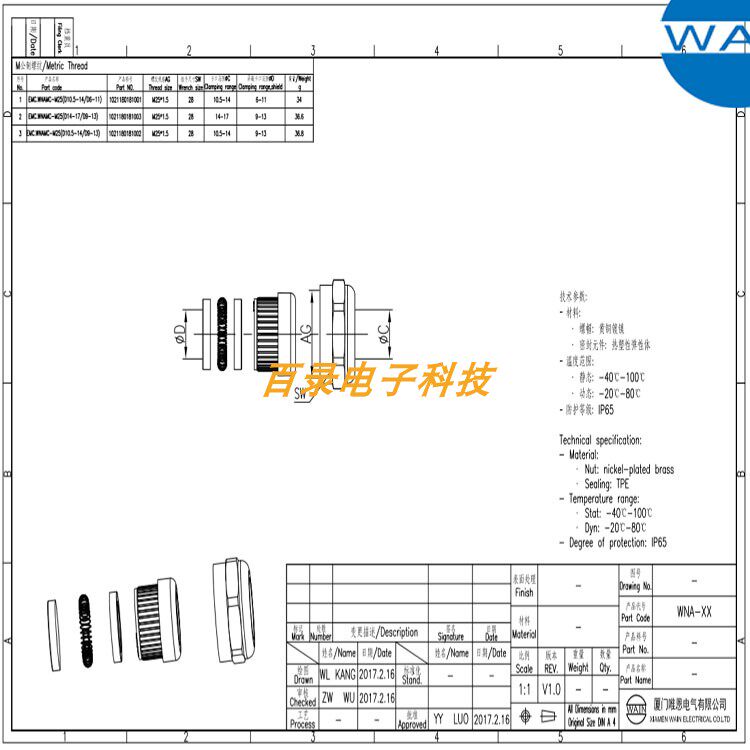 WAIN唯恩重载连接器 EMC.WNAMC-M25 镀镍外螺纹防水接头 HARTING