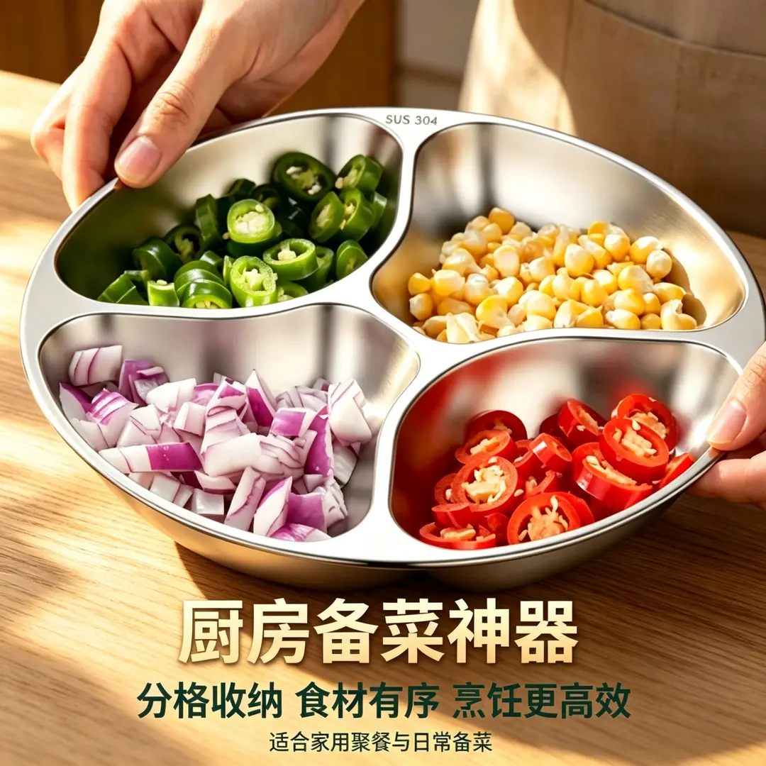不锈钢备菜盘厨房葱姜蒜调味盘分格配菜多用神器盘创意餐盘HH