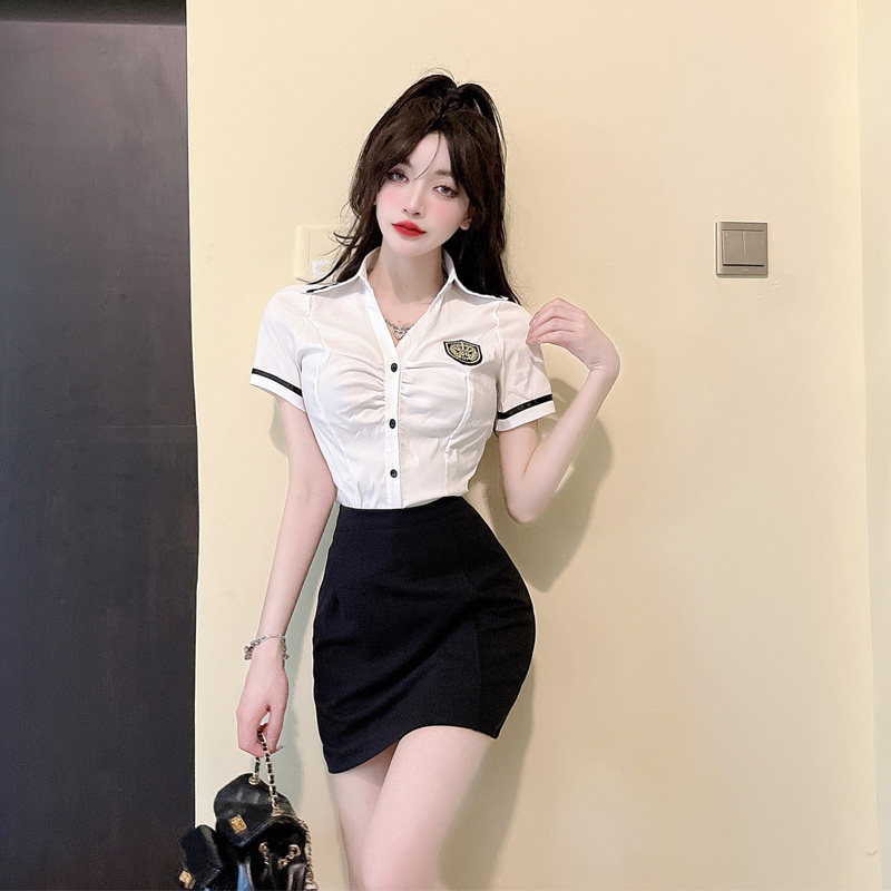 短袖白色衬衫职业工作服正装女套装夏季面试前台衬衣包裙足浴技师