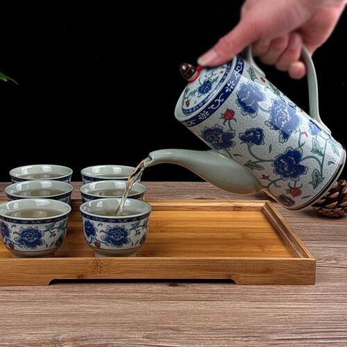陶瓷复古大号茶壶欧式大容量青花瓷釉中彩泡茶壶饭店茶具组合套装