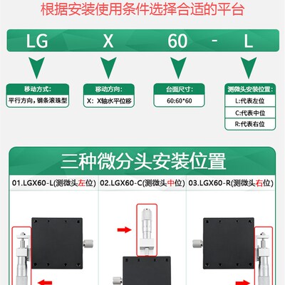 X轴位移平台手动光学精密微调滑台钢条滚珠导轨移动平台LGX40/60