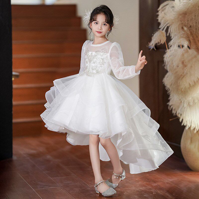 儿童钢琴演出服秋季花童婚纱女童礼服高端白色前短后长亮片公主裙