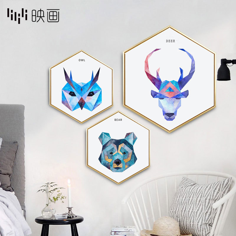 沙发壁画玄关挂画床头背景墙装饰画卧室狼头北欧风格六边形动物画