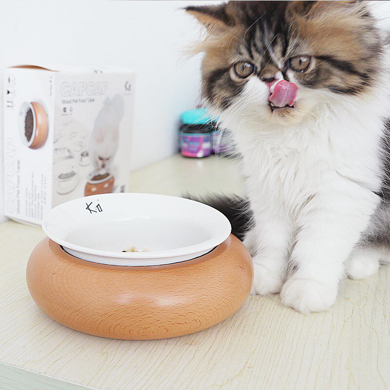 肥喵日记K1咔卟小杏仁圆滚滚原木宠物桌陶瓷猫碗架通用犬猫餐桌