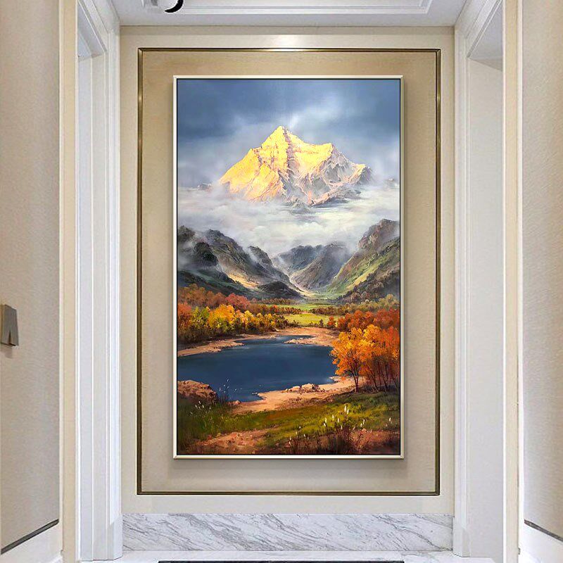 手绘油画风景山水装饰画挂画欧式入户玄关招财美式壁画金山定制画
