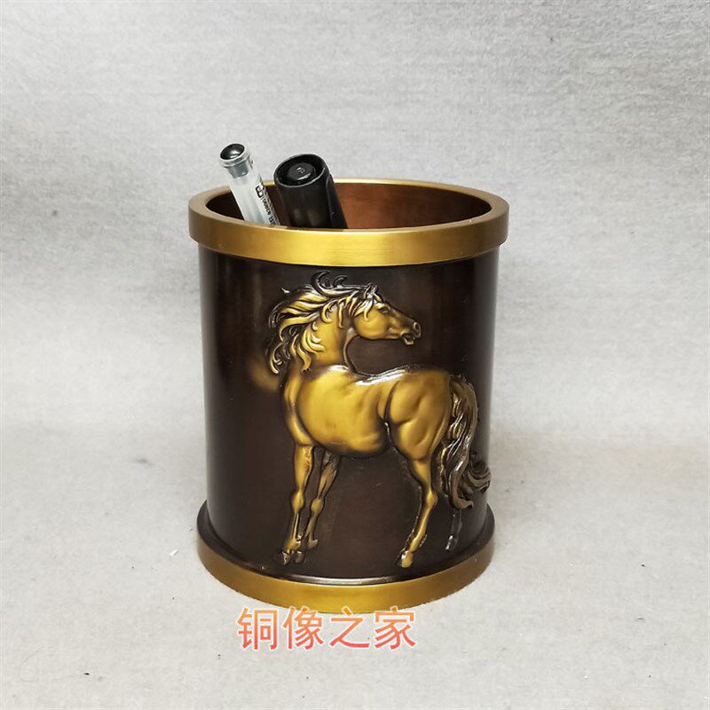 包邮新款 黄铜立体浮雕骏马办公室书桌笔筒工艺品摆件 学生用品
