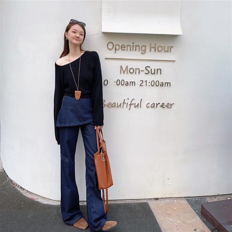 2024冬季设计款牛仔裤侧拉链星空灰裙裤女冬季裤子牛仔裤直筒裤
