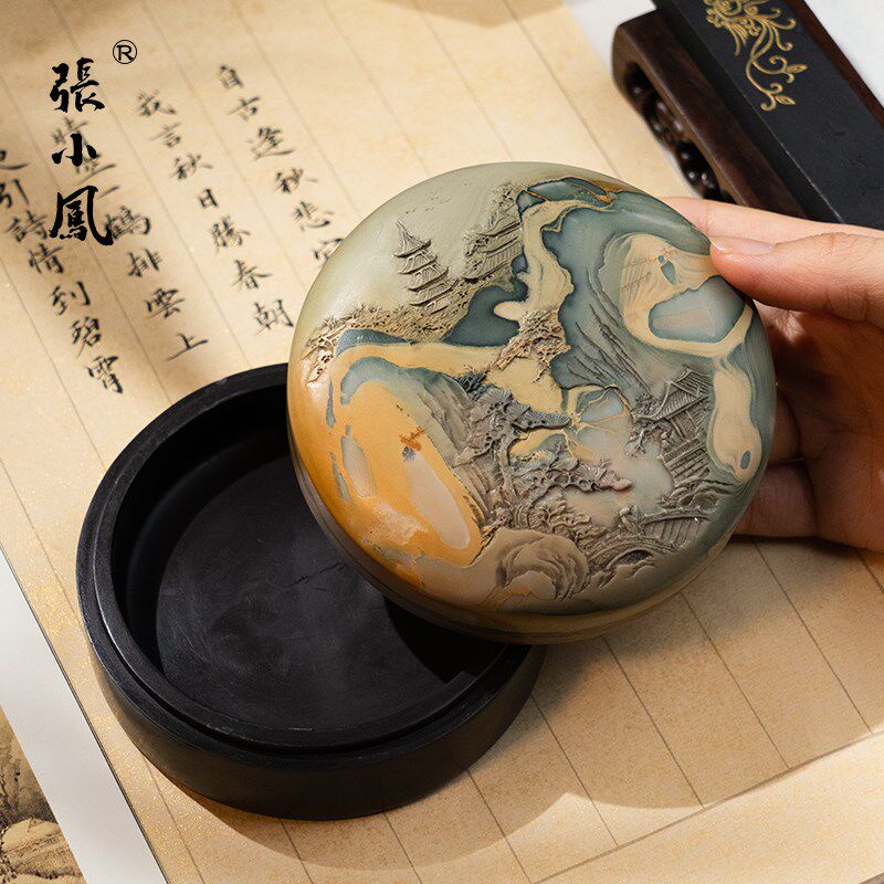 张小凤苴却砚带盖碗砚可研墨原石大师手作天然原石攀枝花墨条手工