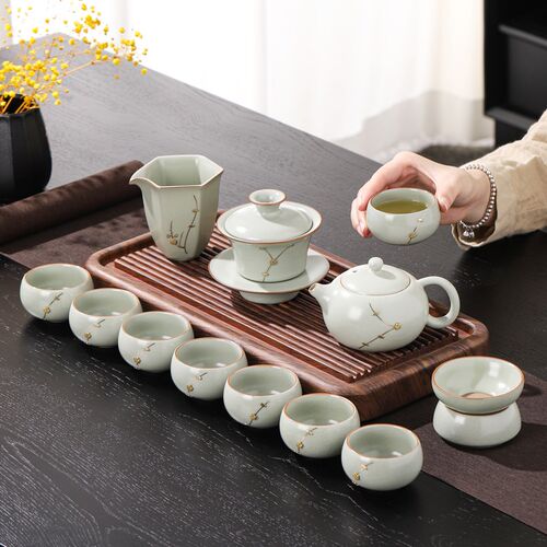 高档汝窑开片功夫茶具套装礼盒装送礼茶壶盖碗泡茶具家用轻奢中式