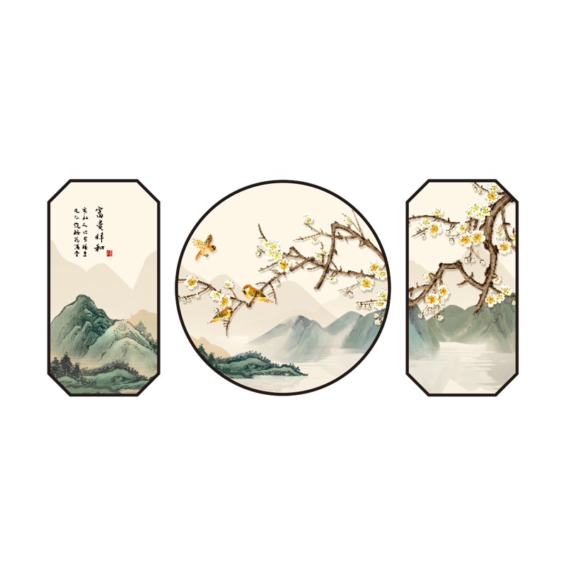 新中式三联玄关进门墙贴山水画客厅背景墙餐厅立体壁画办公室布置