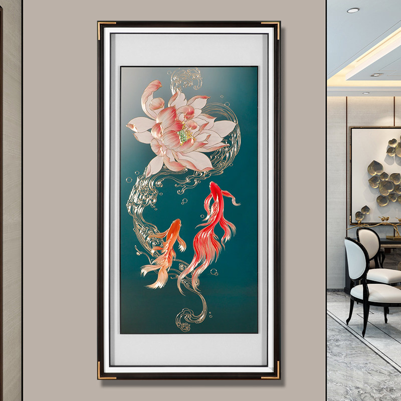 入户玄关新中式荷花九鱼图竖版挂画手工雕刻鲤鱼铜版画竖版装饰画