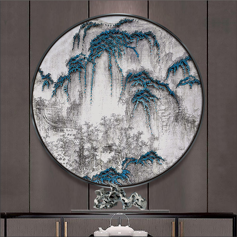 样板房圆形装饰画酒店软装手工钉子画新中式风格玄关壁饰金属框画