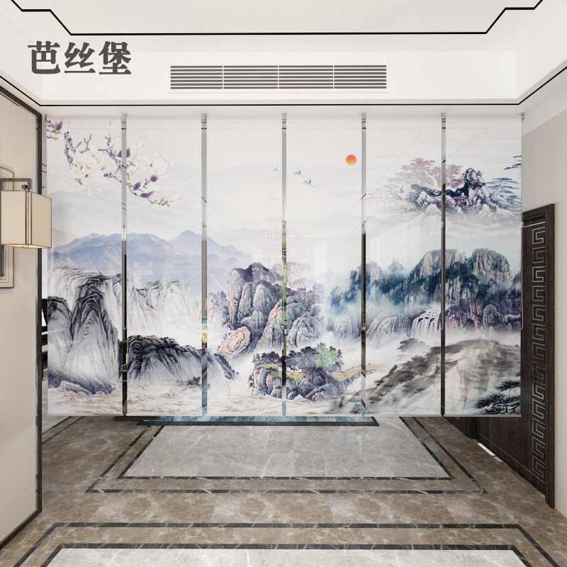 卷帘窗帘升降悬挂帘子软隔断屏风客厅新中式办公室装饰山水画遮光