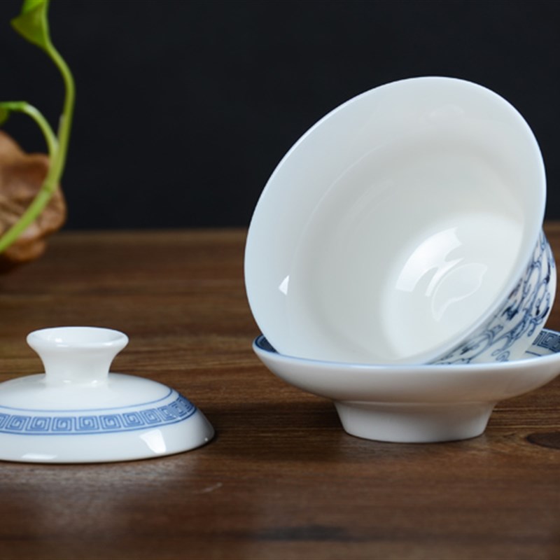 雅诚窑潮州青花瓷功夫茶具三才盖碗高温釉中彩陶瓷茶备主人杯茶碗