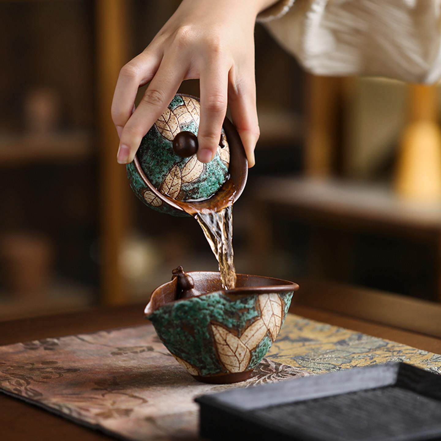 岩泥绿松DZD石刻绘葫芦盖碗家用不烫手粗陶茶器老福茶禄茶碗功夫