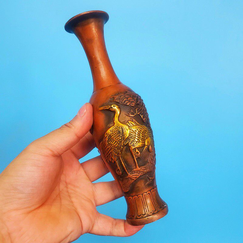 黄铜红铜色仙鹤花瓶摆件1对纯铜中式家居摆件云鹤装饰品工艺品