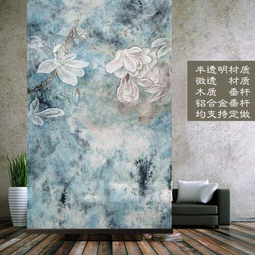 新中式纱屏风软屏风挂式屏风挂屏中式半透明挂帘卷帘玉兰印象