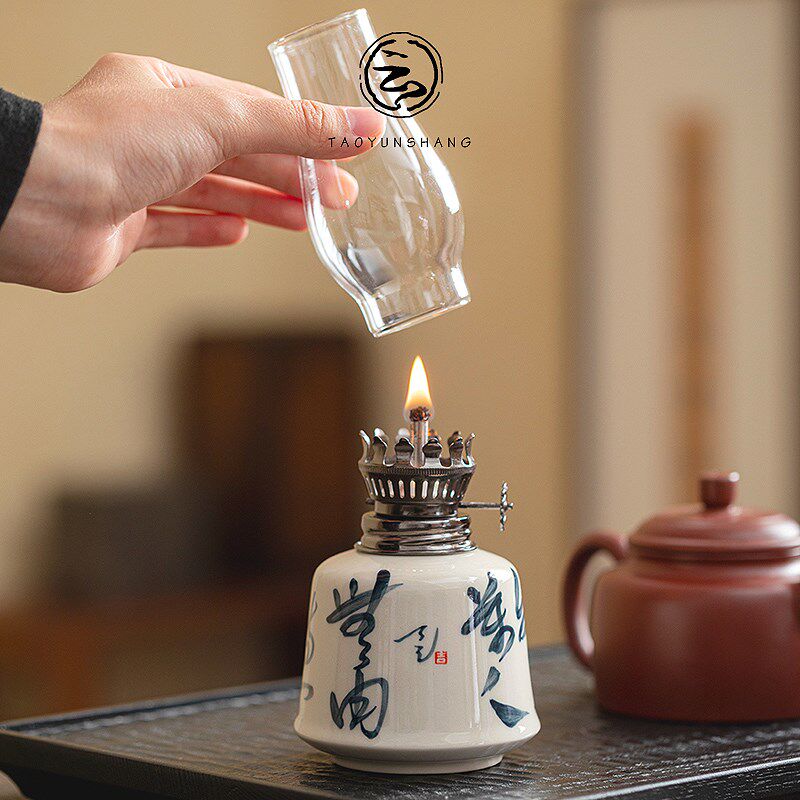复古陶瓷酥油灯手写诗文煤油灯防风中式书房茶室小夜灯摆件灯盏