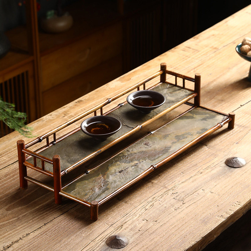 实心楠竹双层茶杯架日式手工茶棚三层沥水晾杯茶壶收纳茶具展示架