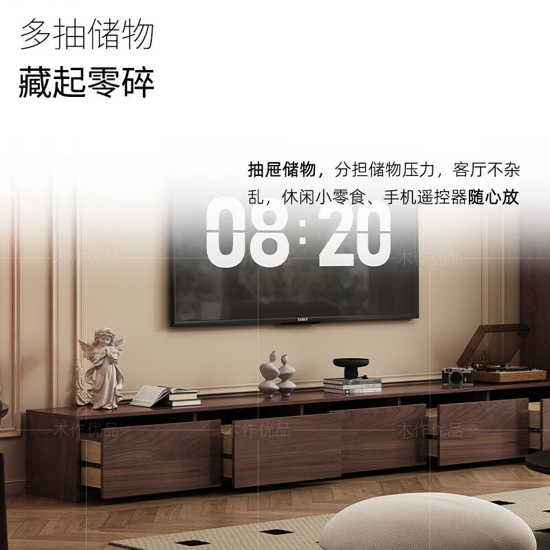 中古风实木电视柜客厅落地收纳储物柜法式复古高柜一体家用小户型