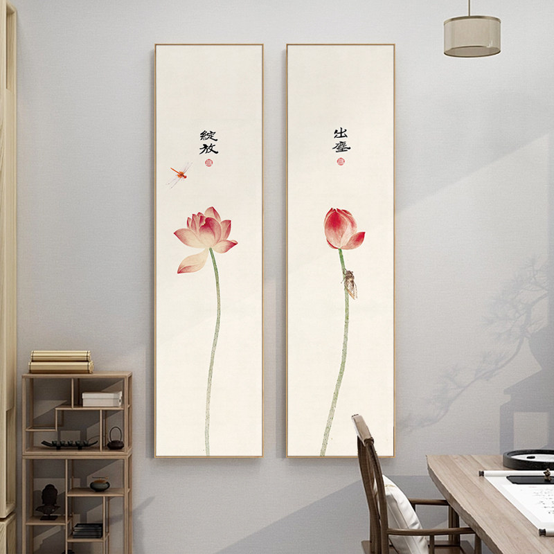 新中式茶室禅意挂画入户玄关装饰画水墨荷花竖版客厅背景墙壁画