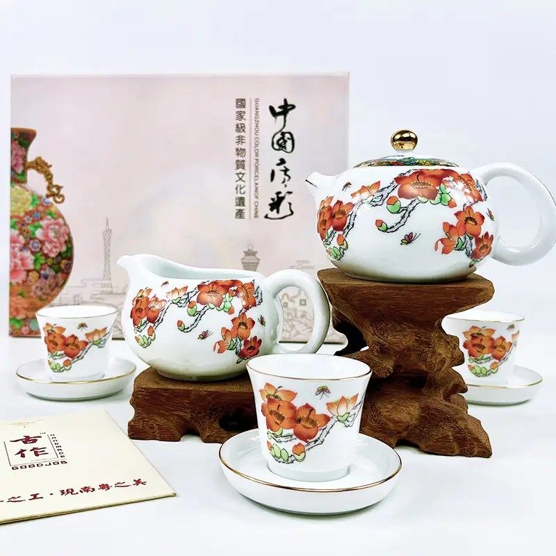 实体店经营广彩工艺品 广州手信礼品 荔枝茶具整套 红棉花彩绘