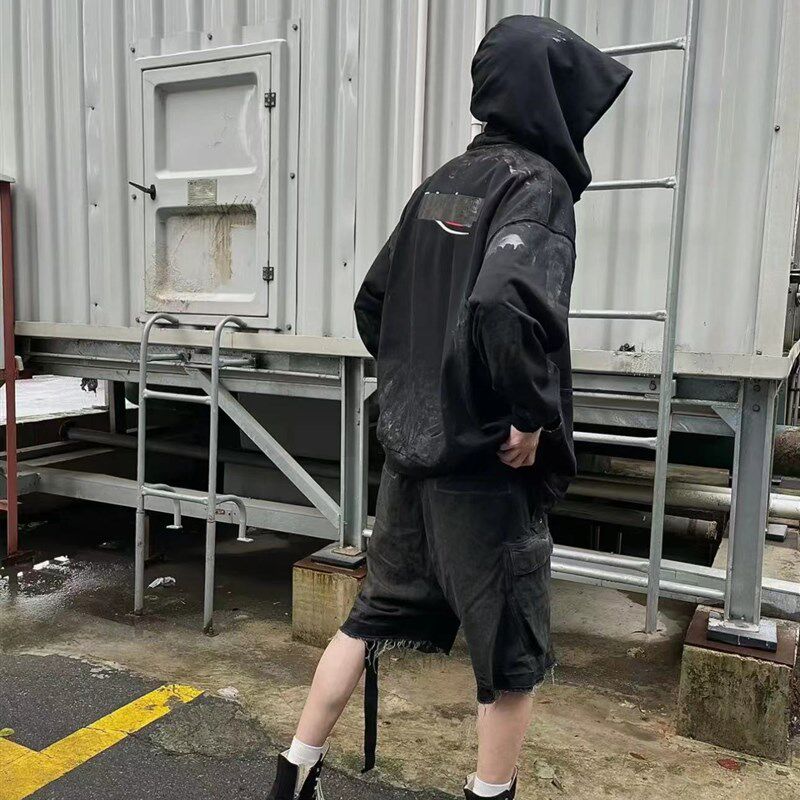RO原标水洗烟灰色渐变多口袋工装直筒抽绳五分休闲短裤毛边牛仔裤