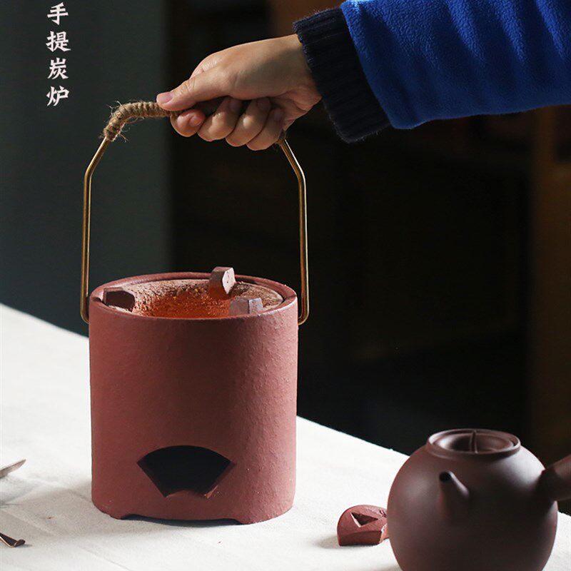 煮茶炭炉手提铜提梁炉红泥小火炉风炉户外木炭炉中式客厅核桃炭炉