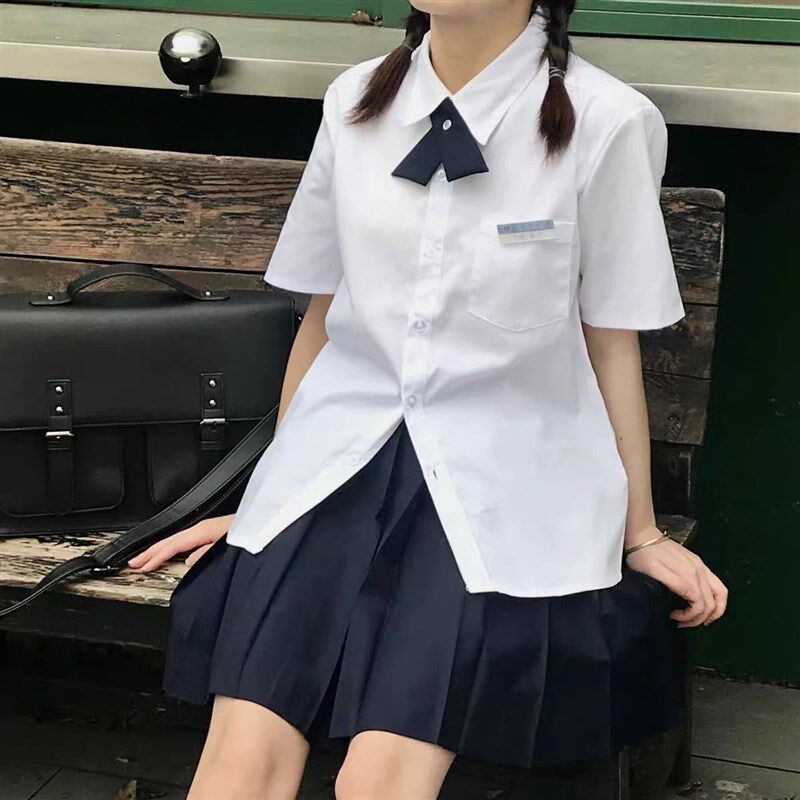 学生jk衬衫中长款百褶半身裙长裙套装大码班服短袖学院风制服女夏