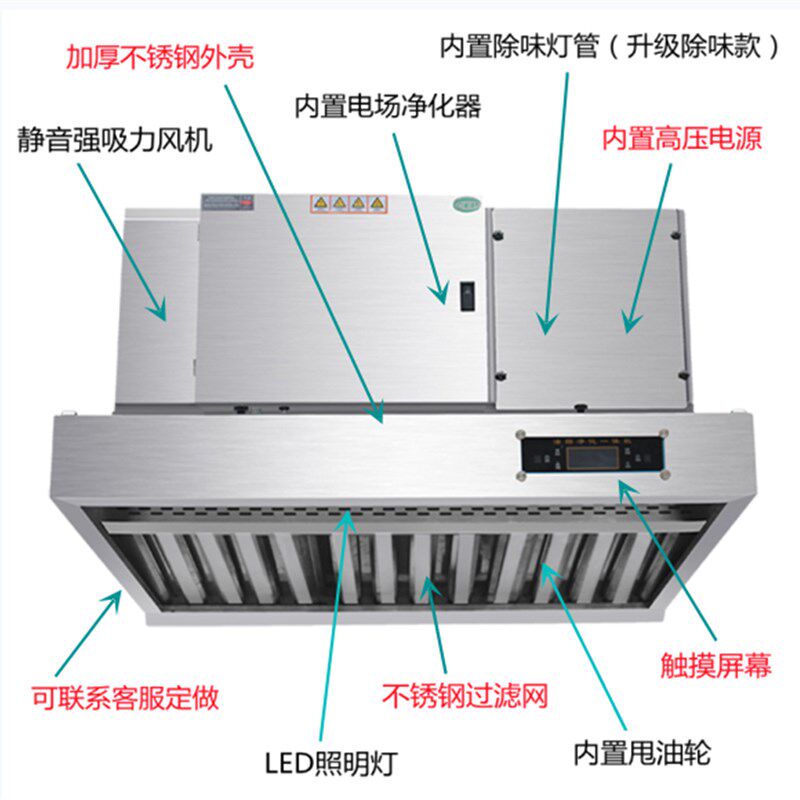 饭店餐饮厨房低空排放大抽吸力无油烟净化器除味一体机不锈钢烟罩