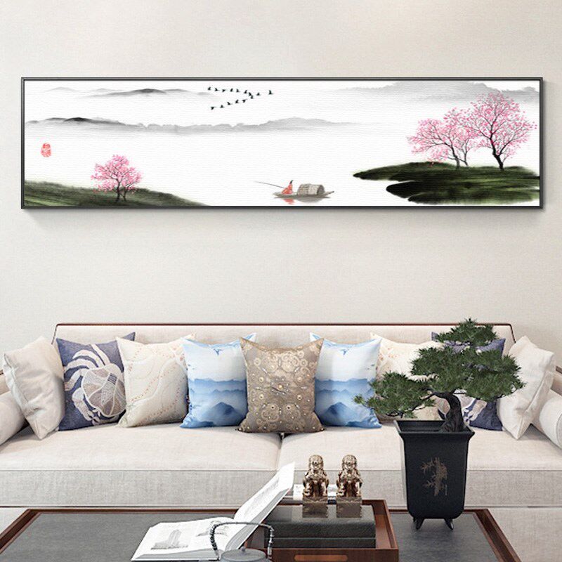 新中式山水画装饰画禅意水墨壁画背景墙卧室横款客厅茶室床头网红