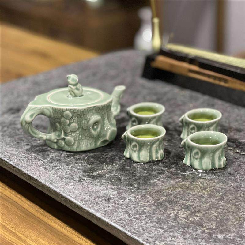 天青秘色耀州窑中式青瓷茶具泡茶茶壶陶瓷刻花猴上树套组树根酒杯