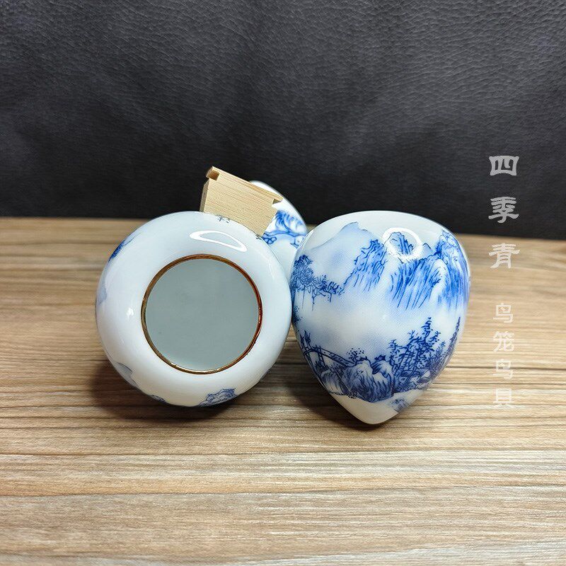画眉鸟食罐鸟杯鸟碗平肩杯防撒食撒水防甩食青花山水金口广笼用