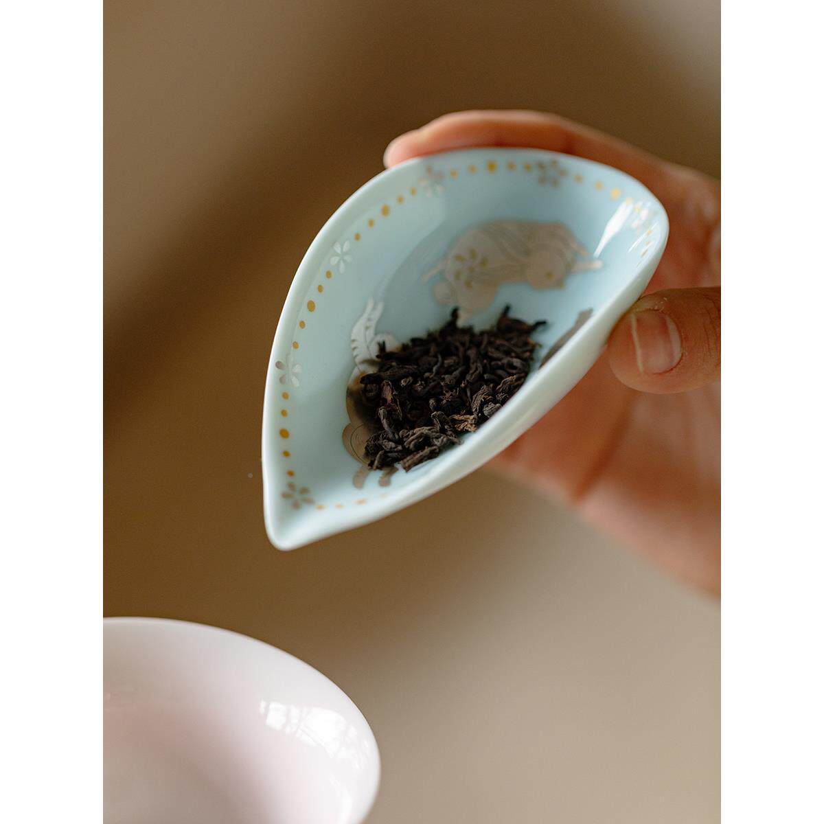 落错金彩银玉兔茶赏则无高档玉瓷手工茶荷月影兔越精致茶道配件投