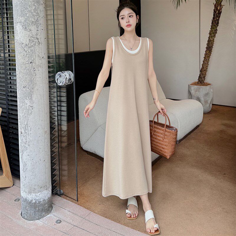 胖mm假两件背心裙女夏季新款大码无袖宽松显瘦高级感气质连衣裙子