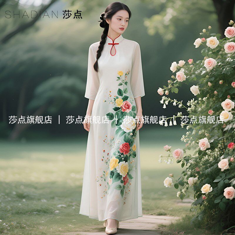 薄纱白色新中式国风旗袍连衣裙女夏收腰裙子度假雪纺气质脚踝长裙