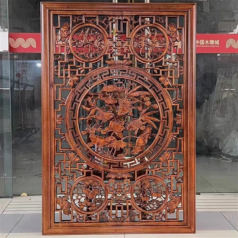 东阳木雕挂件中式玄关壁挂麒麟花窗竖屏实木香樟雕刻工艺品装饰画