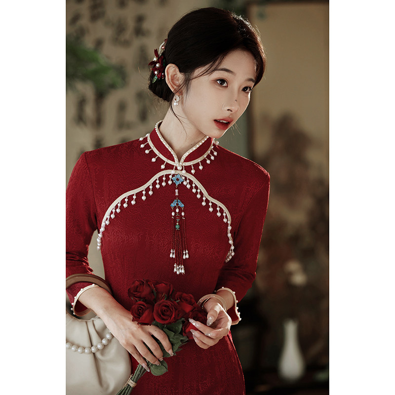红色旗袍新中式敬酒服新娘2024新款结婚改良订婚礼服裙女秋冬长袖