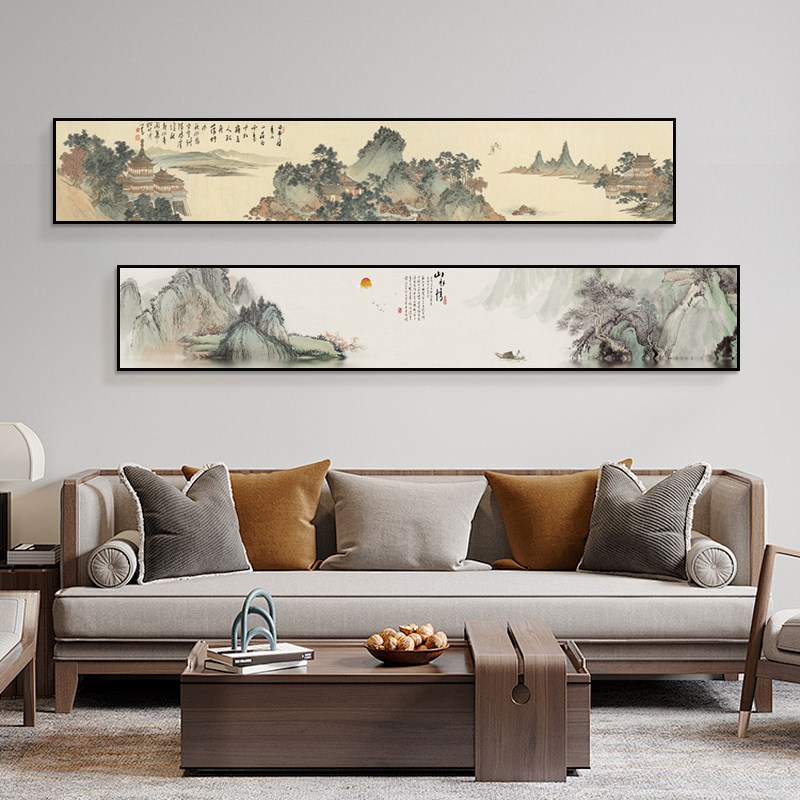 见山茶室茶桌挂画新中式客厅装饰画禅意字画观自在窄长条山水壁画