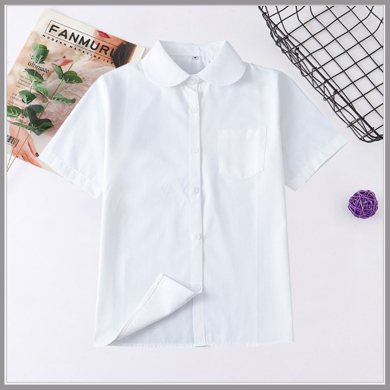女短袖衬衫上衣V领圆领姓姓领白色粉色蓝色黑色JK工作服班服校服