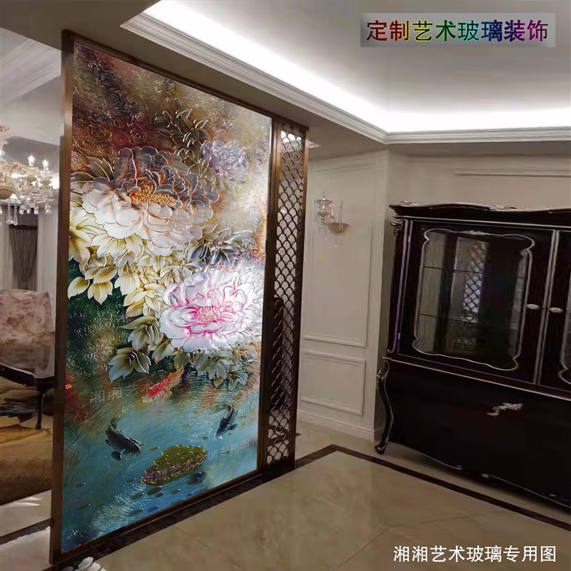 入户玄关艺术钢化玻璃抽象美式油画玻璃隔断屏风客厅卫生间移门轻