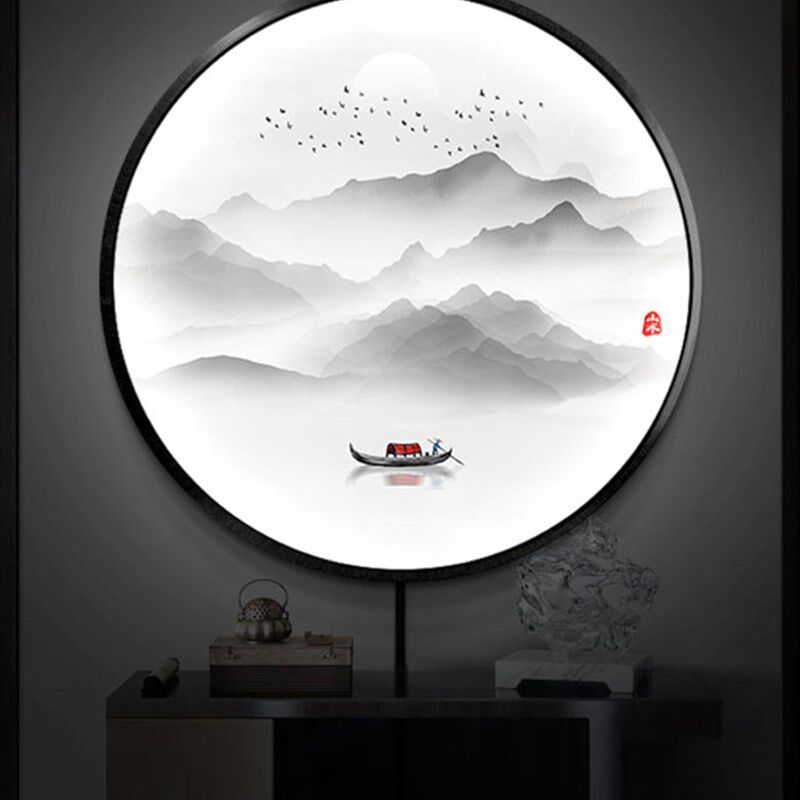 定制通体壁画发光带灯装饰画新中式圆形客厅入户挂画玄关LED灯箱