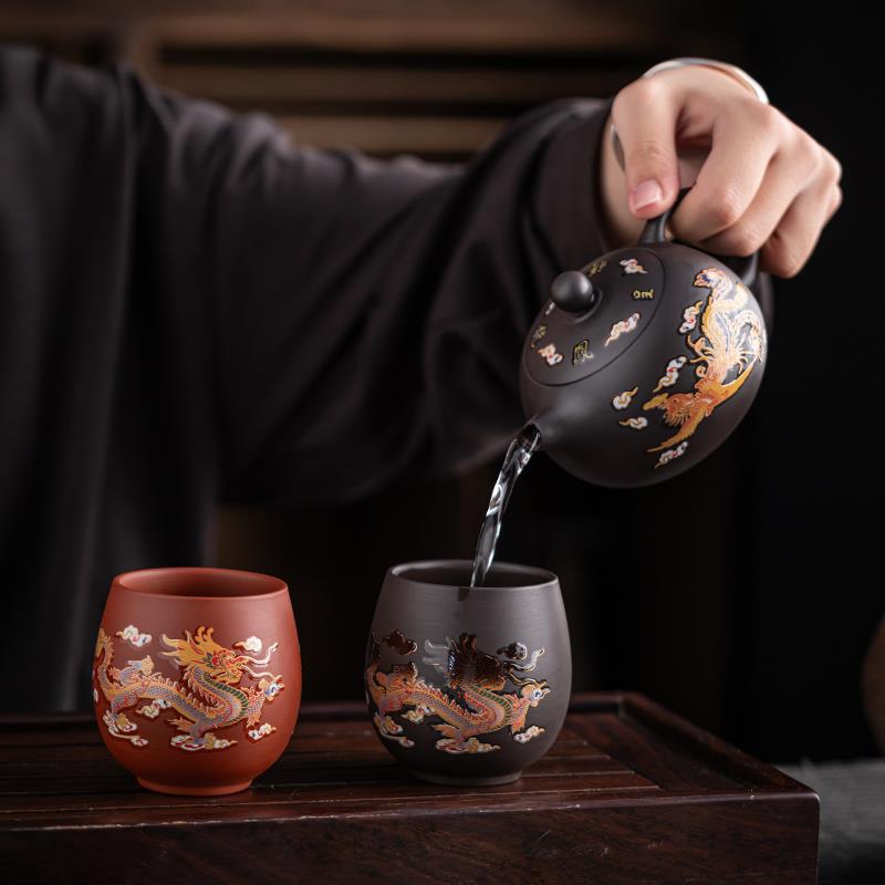 紫砂功夫茶具家用 龙凤呈祥变色茶壶 中式复古茶壶设计 德化紫砂