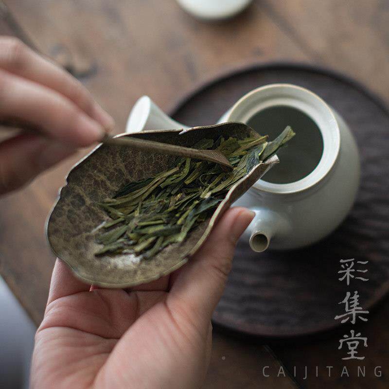 彩集残荷青铜赏PIX茶荷三件套日式手工锤纹复古茶则茶拨茶具零堂