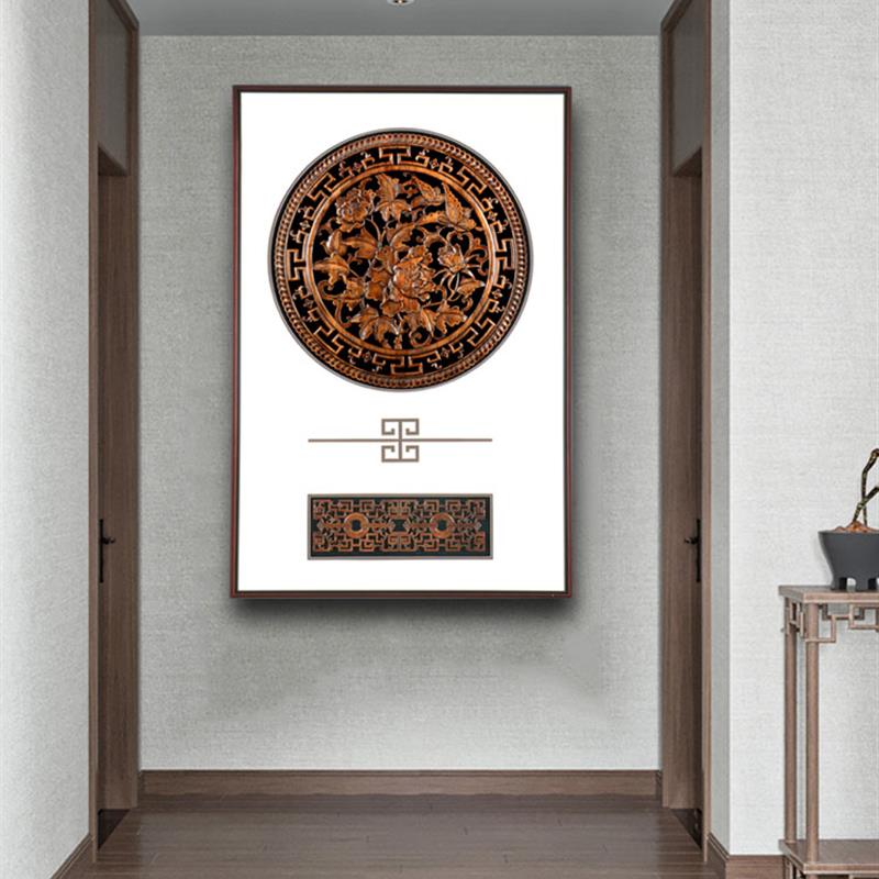 新中式玄关装饰画东阳木雕挂画3d立体浮雕餐茶室壁画竖版牡丹九鱼