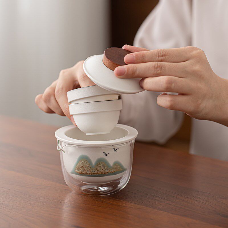 记今朝【千里江山】迷你小号快客杯一壶二杯可携式旅行茶具套组定