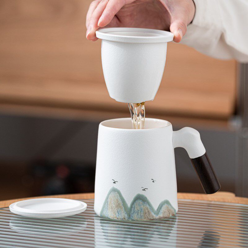 情侣马克杯带盖过滤茶水杯一对高级感远山黑白陶瓷过滤情侣杯